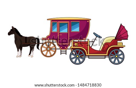 Classic cars and antique horse carriage, vintage and retro vehicles vector illustration graphic design.