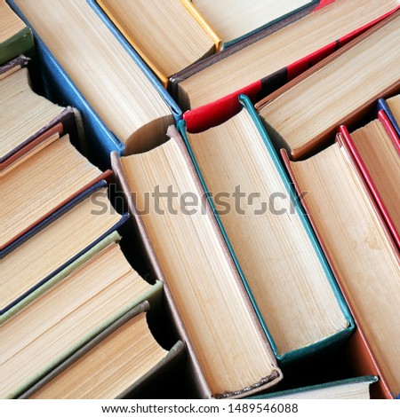many old antique books, view of top, book shop concept, books library concept