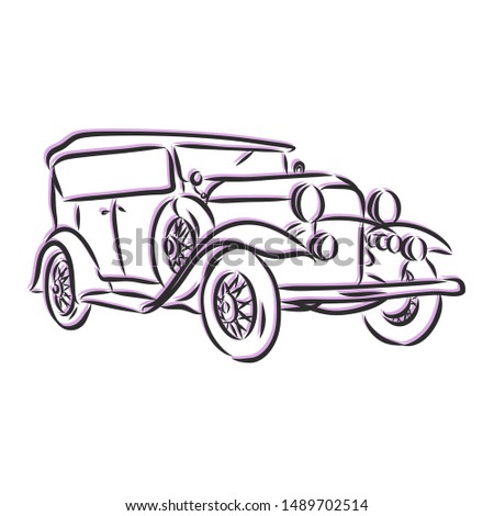Rare auto, retro car, contour vector illustration