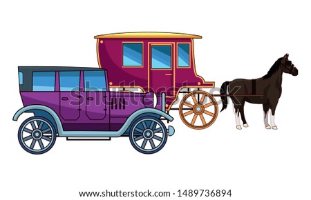 Classic cars and antique horse carriage, vintage and retro vehicles vector illustration graphic design.