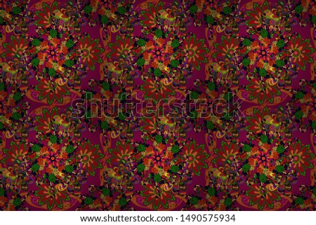 Colored Mandalas on purple, orange and green colors. Oriental pattern. Vintage raster decorative elements. Islam, Arabic, Indian, turkish, pakistan, chinese, ottoman motifs.