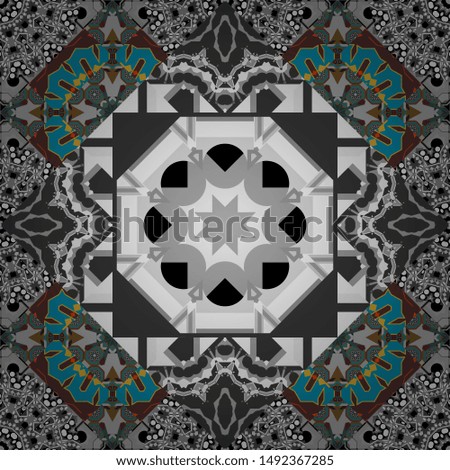 Vector colorful symmetrical seamless pattern for textile, tiles and design in gray, blue and brown tones.
