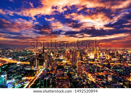 Bangkok city view with Chao Phraya River at sunset, Thailand