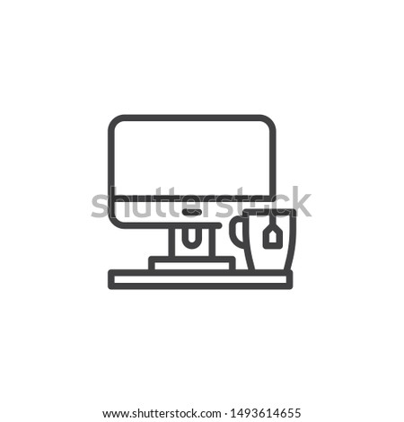 Computer desk, workplace line icon. linear style sign for mobile concept and web design. Workspace with computer monitor tea cup outline vector icon. Symbol, logo illustration. Vector graphics