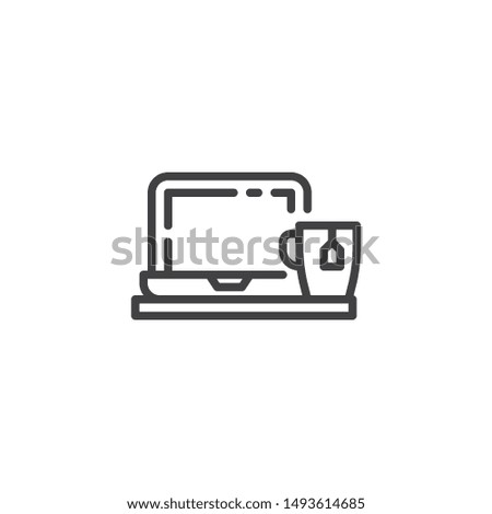 Open laptop and cup of tea line icon. linear style sign for mobile concept and web design. Workplace with laptop and coffee cup outline vector icon. Symbol, logo illustration. Vector graphics