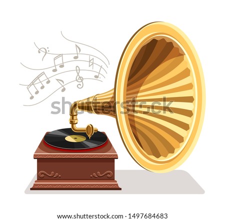 Vintage gramophone with vinyl recording on disc. Gramophone vinyls records retro player isolated on white background. Art and classic music concept. Vector illustration.
