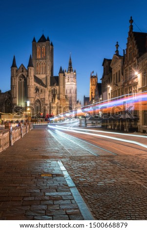 Cityscape view of Gent with car light trail, Belgium during twilight