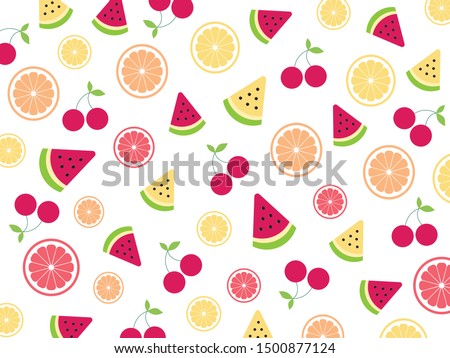 Seamless cute tropical mix fruits (Watermelon ,Cherry ,Orange ,Lemon ,Lime ,Grapefruit) pattern on white background design for backdrop ,wallpaper ,poster ,postcard and cover book.Summer concept.