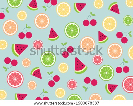 Seamless cute tropical mix fruits (Watermelon ,Cherry ,Orange ,Lemon ,Lime ,Grapefruit) pattern on green background design for backdrop ,wallpaper ,poster ,postcard and cover book.Summer concept.