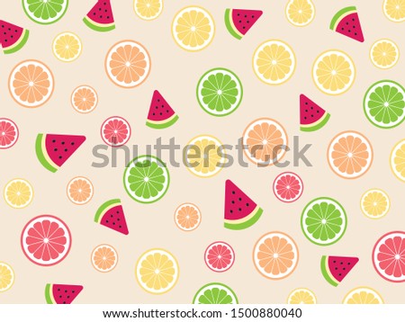 Seamless cute tropical mix fruits (Watermelon ,Orange ,Lemon ,Lime ,Grapefruit) pattern on yellow background design for backdrop ,wallpaper ,poster ,postcard and cover book.Summer concept.Vector.