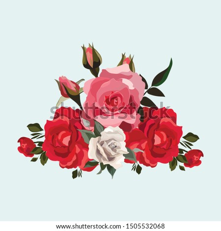 Vector flower illustration: bouquet of flowers: rose red, pink and white. Wedding design: invitations, cards, background design - Vector 