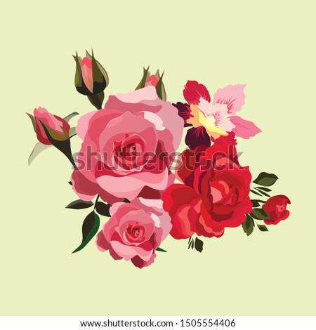 Vector flower illustration: bouquet of flowers: rose red and pink. Wedding design: invitations, cards, background design - Vector 