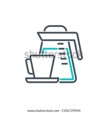 teapot with coffee and mug outline flat icon. Single high quality outline logo symbol for web design mobile app. Thin line sign design logo. Black and blue icon pictogram isolated on white background