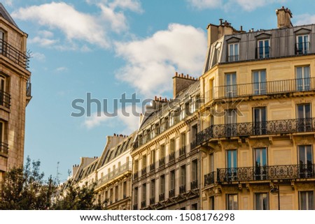 Apartment buildings in Paris at sunrise.