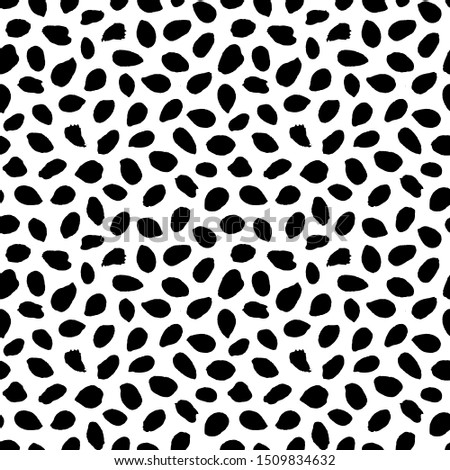 Dots or spots pattern. Seamless texture background. Trendy irregular design. Painted brush strokes drops. Chaotic hand drawn tile. Abstract art fashionable fabric. Vector black and white textile. 