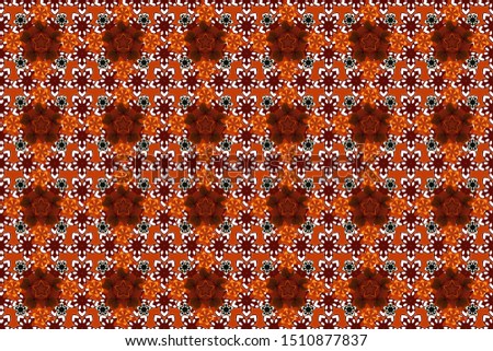 Ornate decor for fabric. Traditional arabic ornament with red, white and orange elements. Ornamental lace tracery. Raster seamless pattern with vintage design in Eastern style.