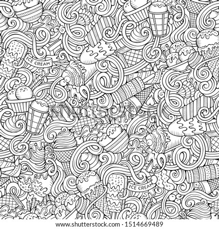 Cartoon hand-drawn ice cream doodles seamless pattern. Line art detailed, with lots of objects background