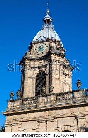 The tower of the historic St. Philips Cathedral, also known as Birmingham Cathedral, in the city of Birmingham in the UK. 