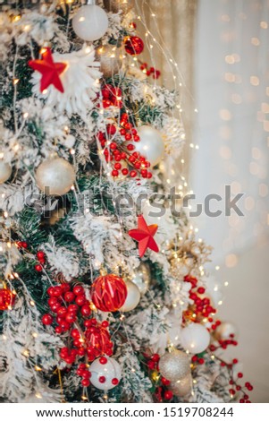 Christmas tree background. Beautifully decorated house.
