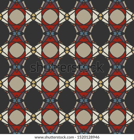 Vector seamless pattern background with different geometrical shapes of multiple colors. Illustration with symmetrical design.