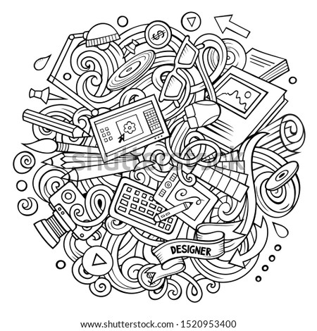 Cartoon cute doodles hand drawn Design illustration. Line art detailed, with lots of objects background. Funny artwork. Sketchy picture with Artistic theme