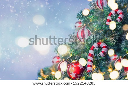 Christmas and New Year holidays background. Closeup of Christmas tree.