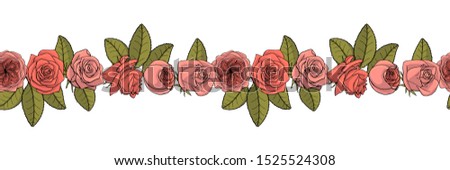 Hand drawn doodle style rose flowers seamless brush. floral design element. rose endless border isolated on white background. stock illustration