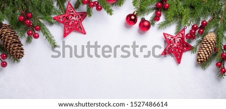Christmas background with fir tree and red gifts. Top view Copy space Horizontal banner - Image