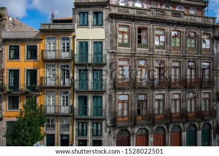 Close up view of old apartment block facade in Porto, Portugal