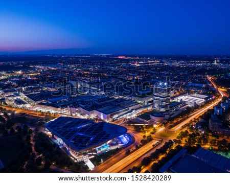 Munich, Germany / June 14 2019 : Aerial View of Munich at Night, Munich, Bavaria, Germany. Color temperature : 4000K(For shooting under a ﬂ uorescent light)