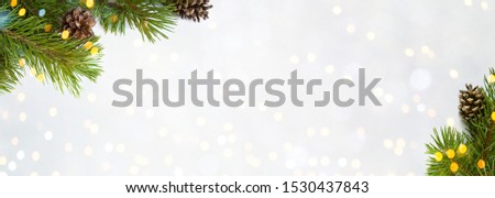 Beautiful Christmas Background with fresh fir tree. Frame of green Spruce branches with cones on light background. Wide Angle Template for design. Panoramic Web banner with copy space