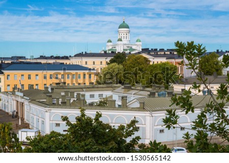The view of the old district of Helsinki from the observation deck near the Uspenski Cathedral. Helsinki cathedral on the horizon. 