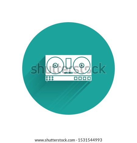 White DJ remote for playing and mixing music icon isolated with long shadow. DJ mixer complete with vinyl player and remote control. Green circle button. Vector Illustration