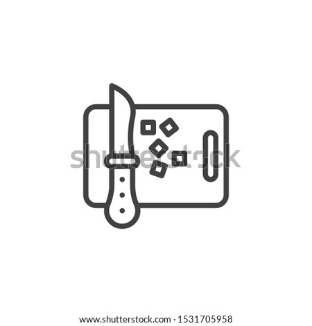 Chopping board line icon. linear style sign for mobile concept and web design. Cutting board with knife and vegetable outline vector icon. Symbol, logo illustration. Vector graphics