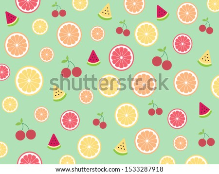 Seamless cute tropical mix fruits (Watermelon ,Orange ,Lemon ,Lime and cherry) pattern on green mint background.Memphis style.Design for backdrop ,wallpaper.Summer concept.Vector.illustration.

