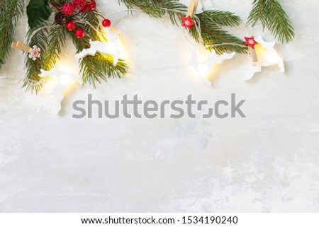 Christmas concept. Top view. Christmas background with herringbone and decor. Free space for your text. 

