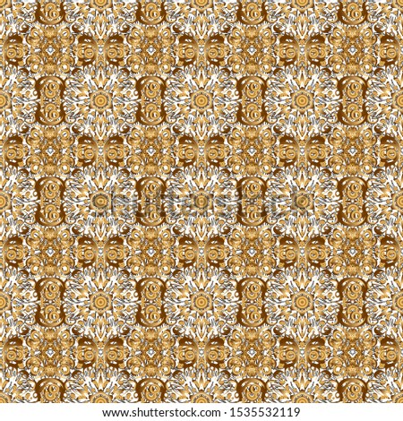 Traditional arabic ornament with golden elements on backdrop. Ornate golden decor for fabric. Ornamental lace tracery. Vector seamless pattern with golden vintage design in Eastern style.
