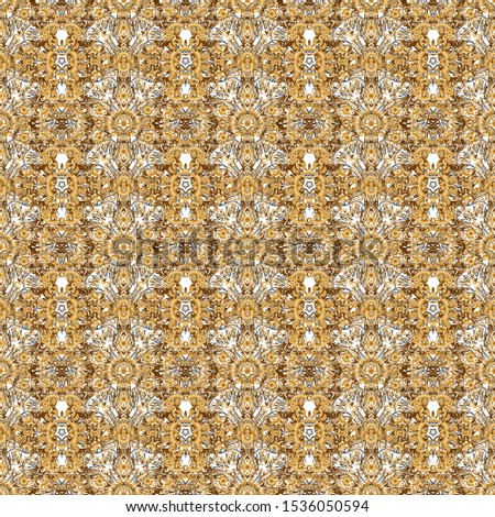 Kit for decorating festive greeting cards. Golden glitter ornaments on a background with glowing lights. Seamless pattern of golden elements on a backdrop.
