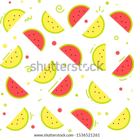 Vector summer color illustration with different fruit set of yellow and red watermelon on white background. Flat style seamless pattern design for web, site, banner, card, poster