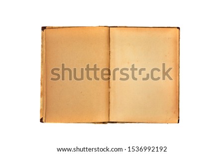 Antique open book spread with empty pages on white background. Vintage blank volume or notebook, yellow brown textured paper sheets macro view. Copy text
