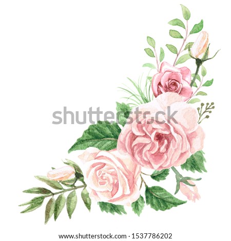 Watercolor Roses and Greenery Foliage Corner Design. Use them for wedding invitations, stationery, scrapbook and more!