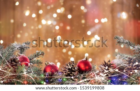 Christmas Card - Red Baubles On Snow With Snowy Fir Branches, Bokeh background