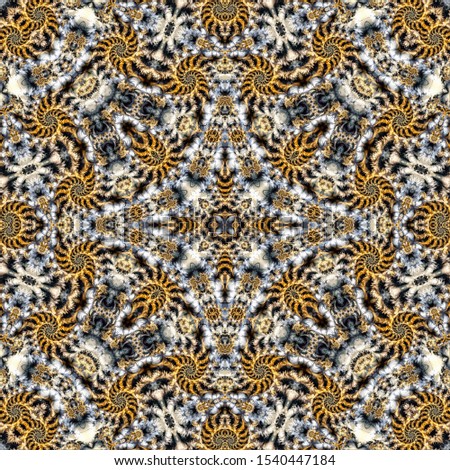 beautiful abstract pattern consisting of fractal spirals in gold color and a beautiful figure in the center of the composition on a marble background