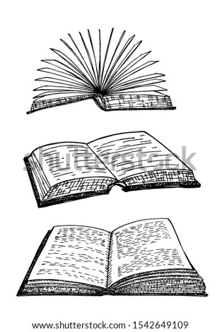 Books vector collection. Books set. Opened and closed books, single book isolated on white background. Hand drawn illustration in sketch style. Library, Books shop