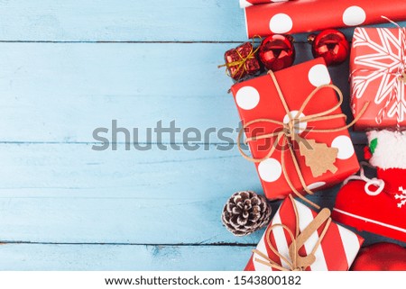 Christmas background with gift boxes,  Preparation for holidays. Top view with copy space.