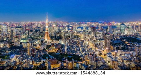 Cityscape of Tokyo skyline, panorama aerial skyscrapers view of office building and downtown in Tokyo in the evening. Japan, Asia.