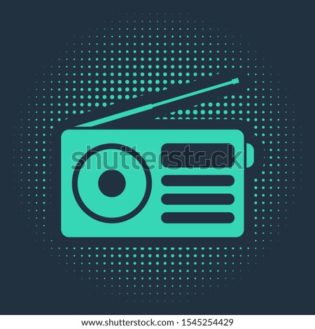 Green Radio with antenna icon isolated on blue background. Abstract circle random dots. Vector Illustration