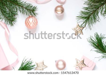 Christmas or New Year concept frame  with winter holiday decoration. Greeting card top view. Copy space