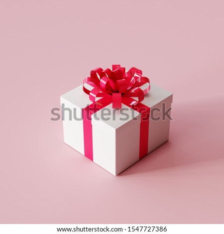 White gift box with red ribbon on pink color background. Christmas idea concept. 3D Rendering.