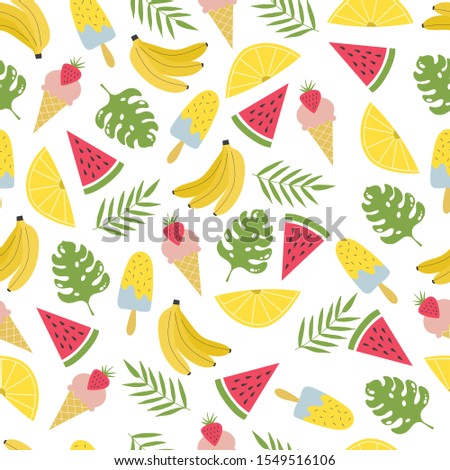 Seamless pattern with cute tropical fruits, leaves and ice cream. Baby textile design. 